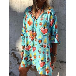 Plus Size V-neck Love Print Long Sleeve Casual Dress