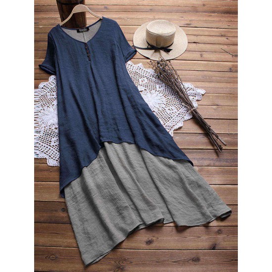 Plus Size V-neck Short Sleeves Double Layers Patchwork Maxi Dress