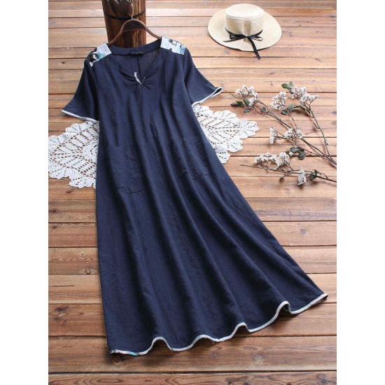 Plus Size V-neck Splice Pocket Casual Dress