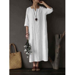 Plus Size Vintage Cotton V-neck Maxi Dress for Women