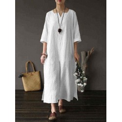 Plus Size Vintage Cotton V-neck Maxi Dress for Women