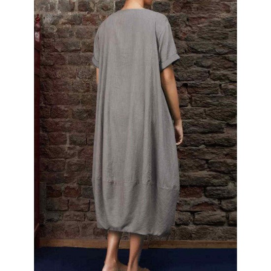 Plus Size Vintage Crew Neck Short Sleeve Baggy Dress
