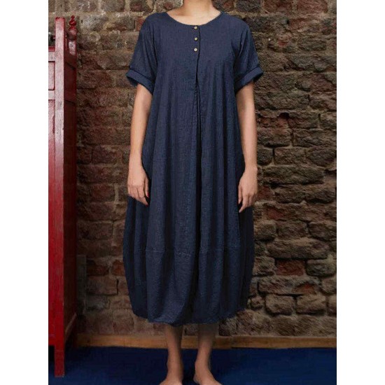 Plus Size Vintage Crew Neck Short Sleeve Baggy Dress