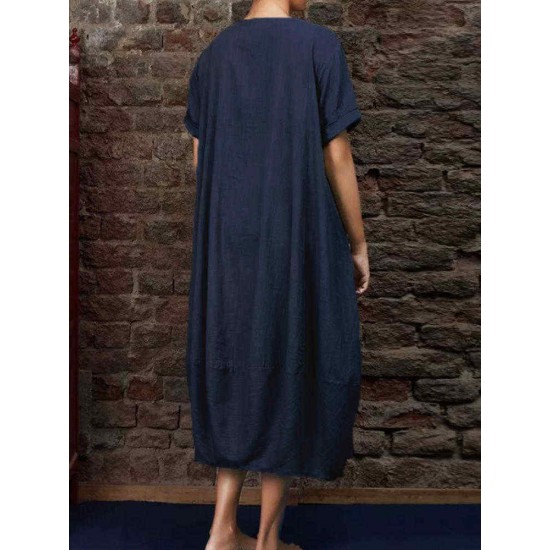 Plus Size Vintage Crew Neck Short Sleeve Baggy Dress