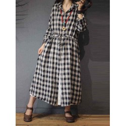 Plus Size Vintage Plaid Long Sleeve Pockets Shirt Dress for Women