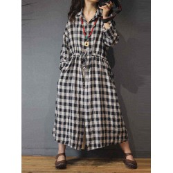 Plus Size Vintage Plaid Long Sleeve Pockets Shirt Dress for Women