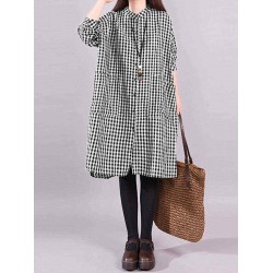 Plus Size Vintage Plaid Long Sleeve Women Shirts Dress