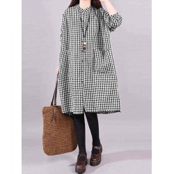 Plus Size Vintage Plaid Long Sleeve Women Shirts Dress