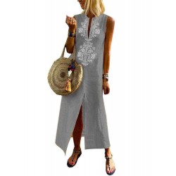 Plus Size Vintage Print V-neck Sleeveless Split Hem Dress For Women
