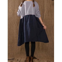 Plus Size Vintage Women Loose Color Splicing Batwing Sleeve Dresses
