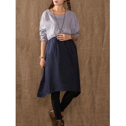 Plus Size Vintage Women Loose Color Splicing Batwing Sleeve Dresses