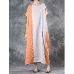 Plus Size Vintage Women Short Sleeve Splicing Pockets Long Maxi Dresses
