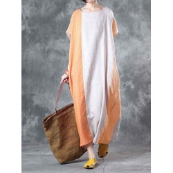 Plus Size Vintage Women Short Sleeve Splicing Pockets Long Maxi Dresses