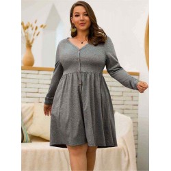 Plus Size Women Autumn V-neck Long Sleeve Casual Dress with Button