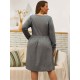 Plus Size Women Autumn V-neck Long Sleeve Casual Dress with Button