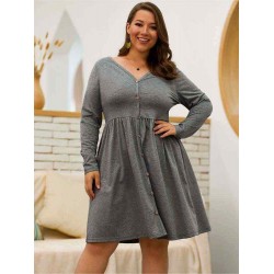 Plus Size Women Autumn V-neck Long Sleeve Casual Dress with Button