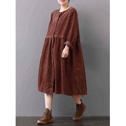 Plus Size Women Autumn vintage Corduroy Tether Casual Dress with Pockets