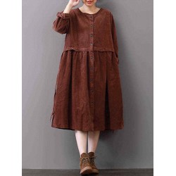 Plus Size Women Autumn vintage Corduroy Tether Casual Dress with Pockets