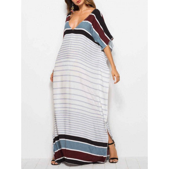 Plus Size Women Bohemian V-neck Batwing Sleeve Maxi Dress