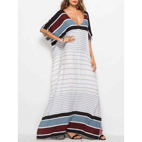 Plus Size Women Bohemian V-neck Batwing Sleeve Maxi Dress