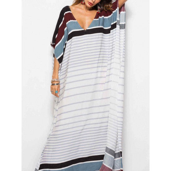 Plus Size Women Bohemian V-neck Batwing Sleeve Maxi Dress