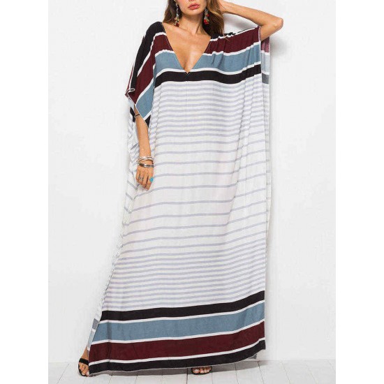 Plus Size Women Bohemian V-neck Batwing Sleeve Maxi Dress