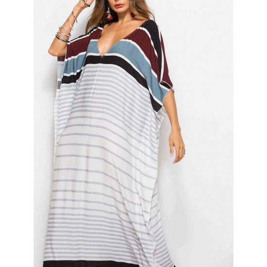 Plus Size Women Bohemian V-neck Batwing Sleeve Maxi Dress