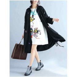 Plus Size Women Casual Cardigan Loose Long Sleeve Embroidery Dress