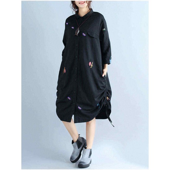 Plus Size Women Casual Cardigan Loose Long Sleeve Embroidery Dress