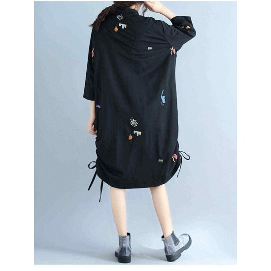 Plus Size Women Casual Cardigan Loose Long Sleeve Embroidery Dress