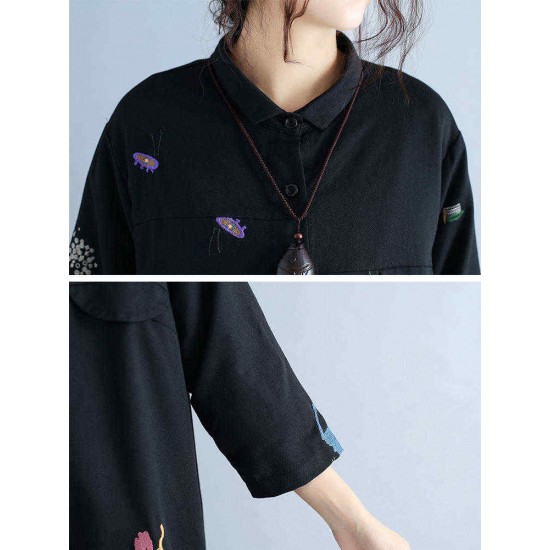 Plus Size Women Casual Cardigan Loose Long Sleeve Embroidery Dress