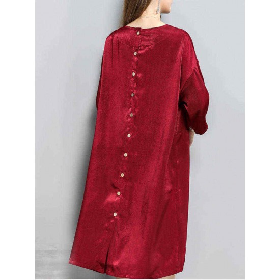 Plus Size Women Casual Dress 3/4 Sleeve Back Buttons Pockets Dresses