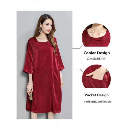 Plus Size Women Casual Dress 3/4 Sleeve Back Buttons Pockets Dresses