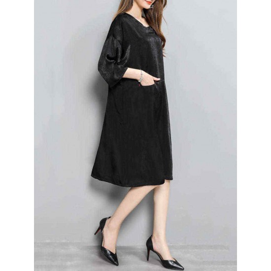 Plus Size Women Casual Dress 3/4 Sleeve Back Buttons Pockets Dresses