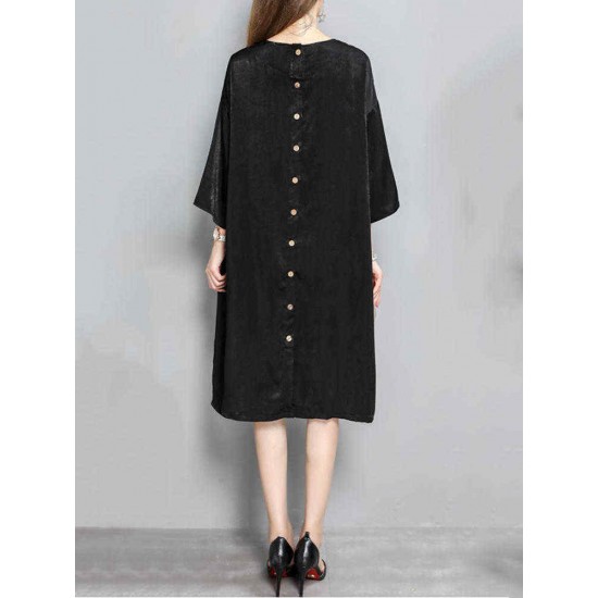 Plus Size Women Casual Dress 3/4 Sleeve Back Buttons Pockets Dresses