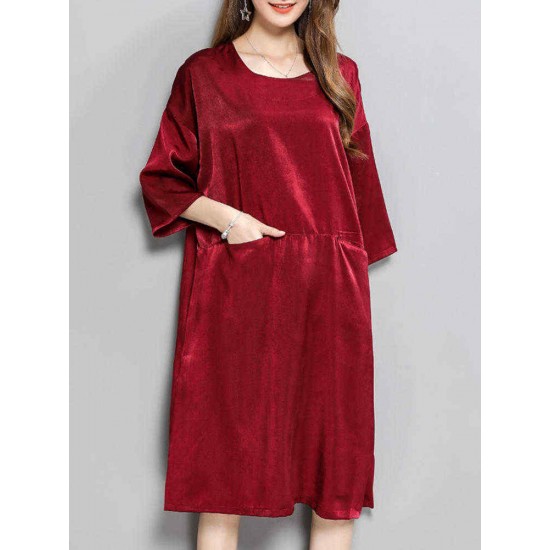 Plus Size Women Casual Dress 3/4 Sleeve Back Buttons Pockets Dresses