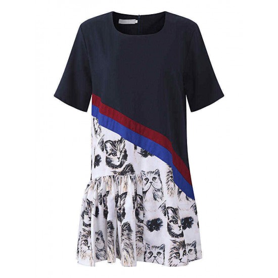 Plus Size Women Casual Dress Cat Printed Short Sleeve Patchwork Chiffon Dresses