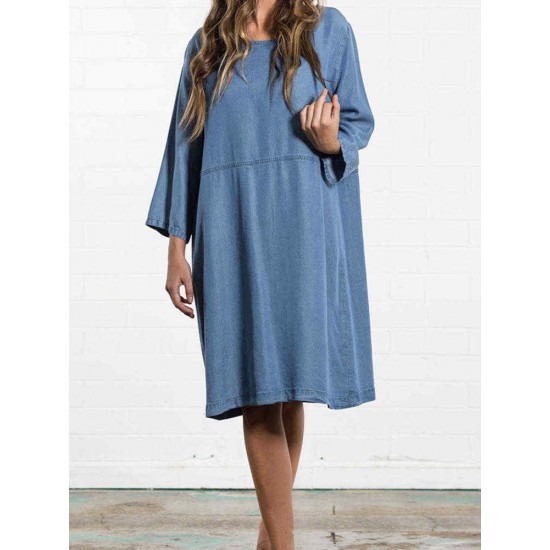 Plus Size Women Casual Round Neck 3/4 Sleeve Dress