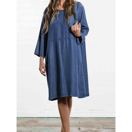 Plus Size Women Casual Round Neck 3/4 Sleeve Dress