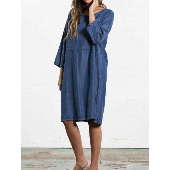 Plus Size Women Casual Round Neck 3/4 Sleeve Dress