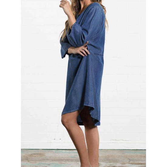 Plus Size Women Casual Round Neck 3/4 Sleeve Dress