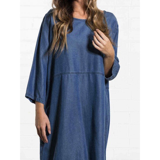 Plus Size Women Casual Round Neck 3/4 Sleeve Dress