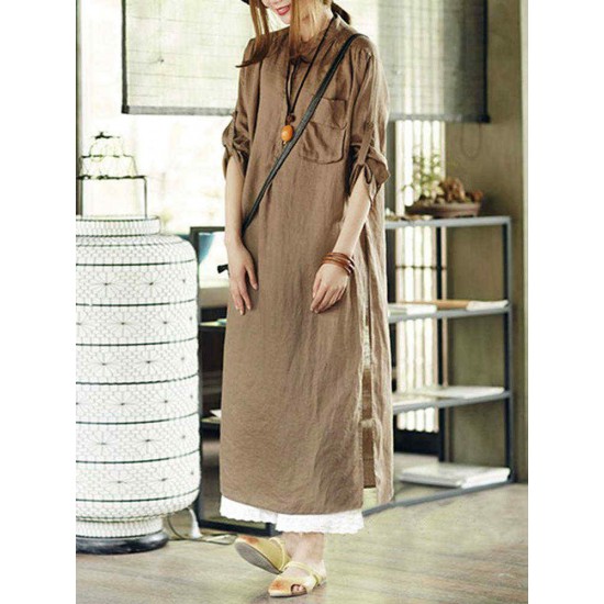 Plus Size Women Causal Crew Neck Long Sleeve Side Split Shirt Dress