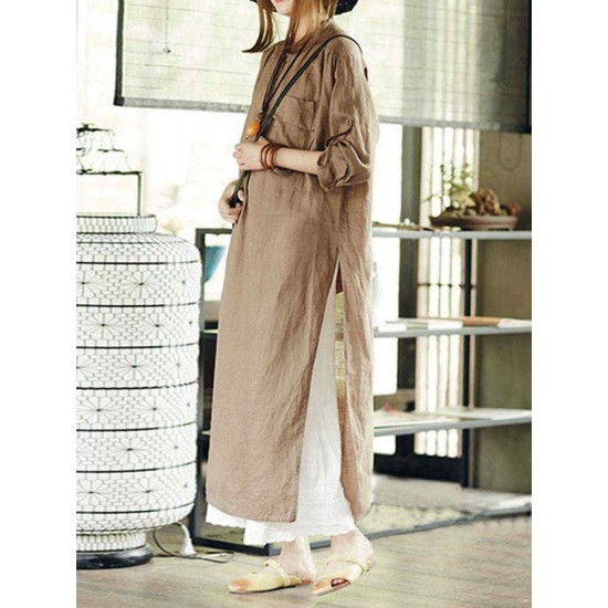 Plus Size Women Causal Crew Neck Long Sleeve Side Split Shirt Dress