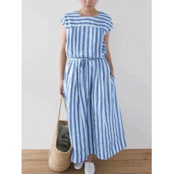 Plus Size Women Daily Casual Stripe Short Sleeve Button Back Dress