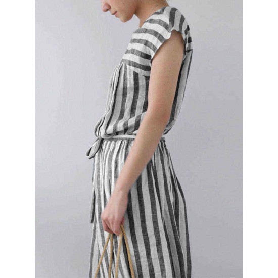 Plus Size Women Daily Casual Stripe Short Sleeve Button Back Dress