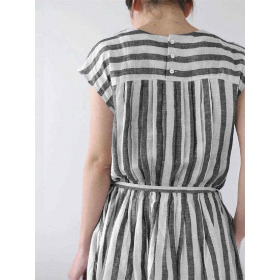 Plus Size Women Daily Casual Stripe Short Sleeve Button Back Dress