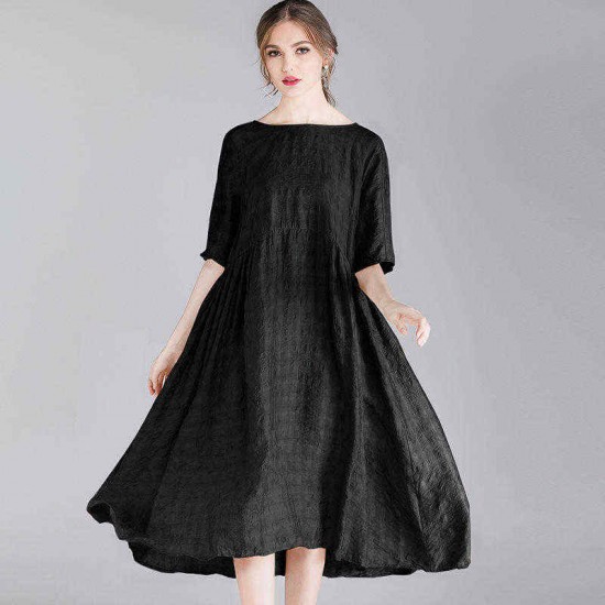 Plus Size Women Elegant O-neck Short Sleeve Pleated Dress