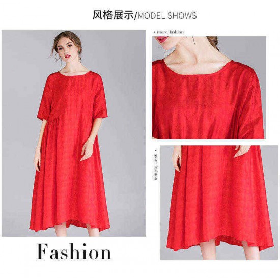 Plus Size Women Elegant O-neck Short Sleeve Pleated Dress