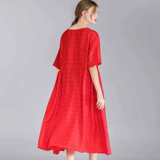 Plus Size Women Elegant O-neck Short Sleeve Pleated Dress